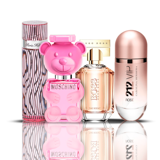 Set di 4 profumi | 212 VIP Rose + Moschino Bubble Gum + Hugo Boss The Scent + Paris Hilton 100 ml