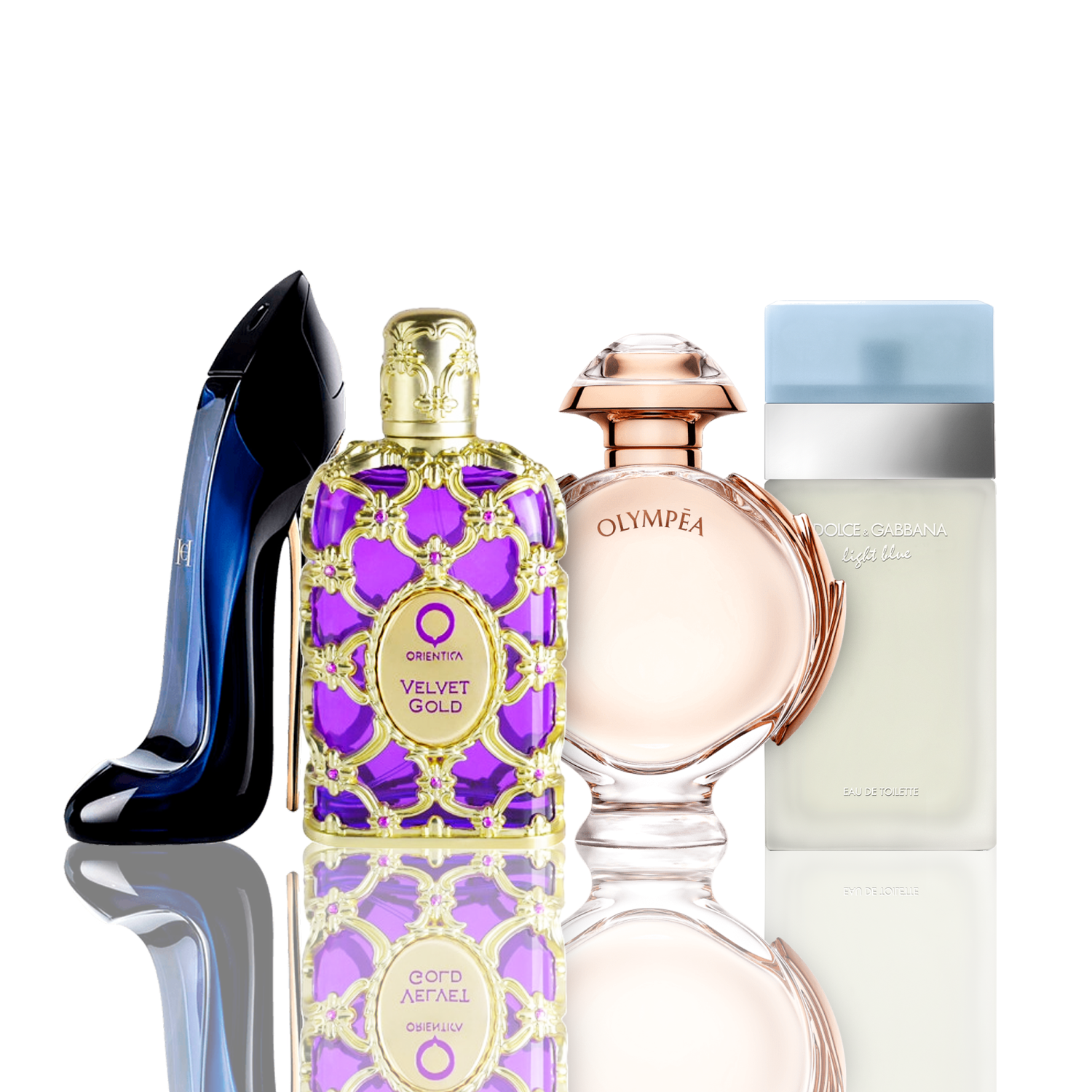 Set di 4 profumi | Light Blue + Orientica Velvet Gold + Good Girl + Olympea 100 ml